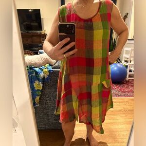 Transparente red yellow green linen plaid sleeveless dress